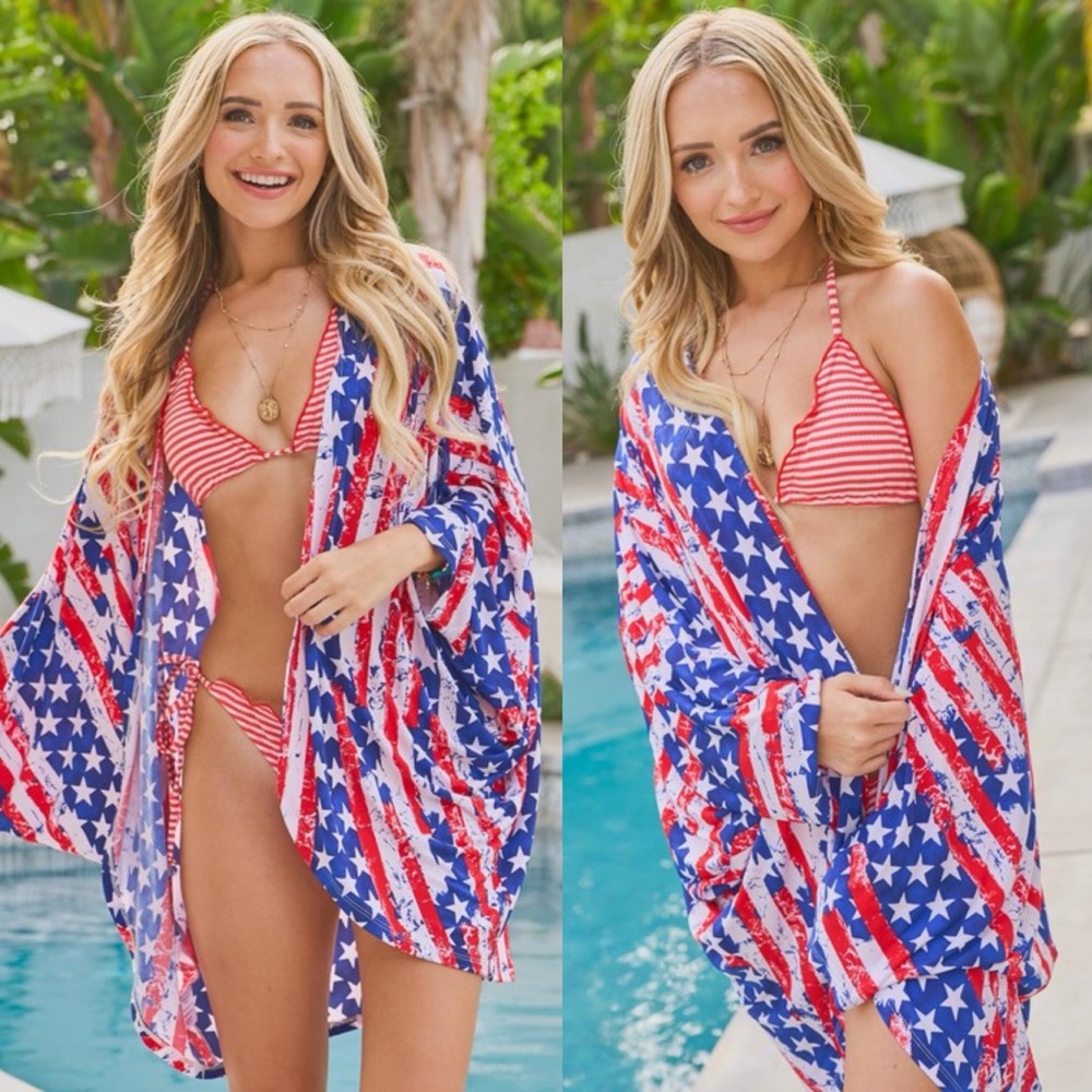 Patriotic Stars and Stripes Swim Coverup Kimono